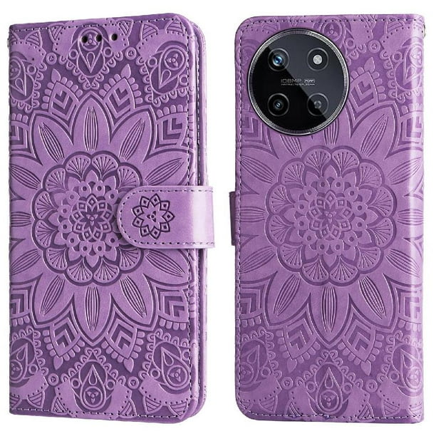 Funda tipo cartera FOXDOCK para Realme 11 4G , diseño girasol en relieve, cuero PU, cierre magnético, soporte y tarjetero