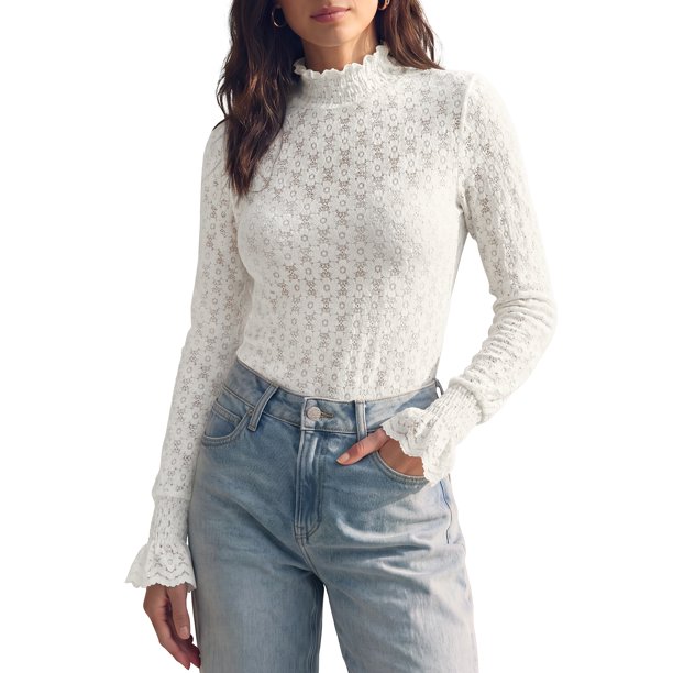 INSPIRE CHIC Blusa de Mujer Cuello Simulado Mangas con Puños Volante Adorno Malla Transparente Jersey Camisa Primavera Otoño Ver a Través de Encaje Floral Tops XX Grande Blanco