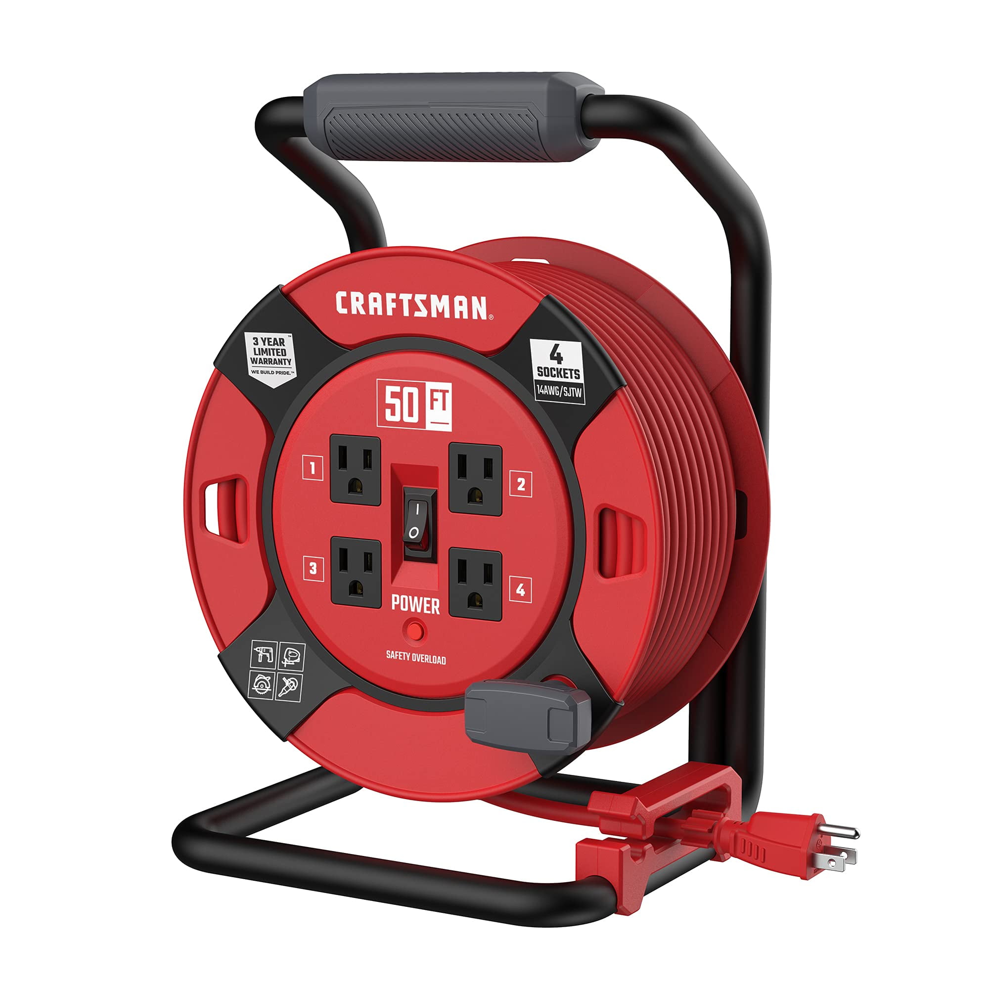 Carrete De Cable De Extensión Retráctil Craftsman De 15 M Con 4 Tomas De Corriente Y Cable Sjtw De Alta Resistencia De 14 Awg