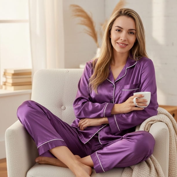 Pijama Mujer Satinado 2 Piezas Manga Larga Botones Colores 038