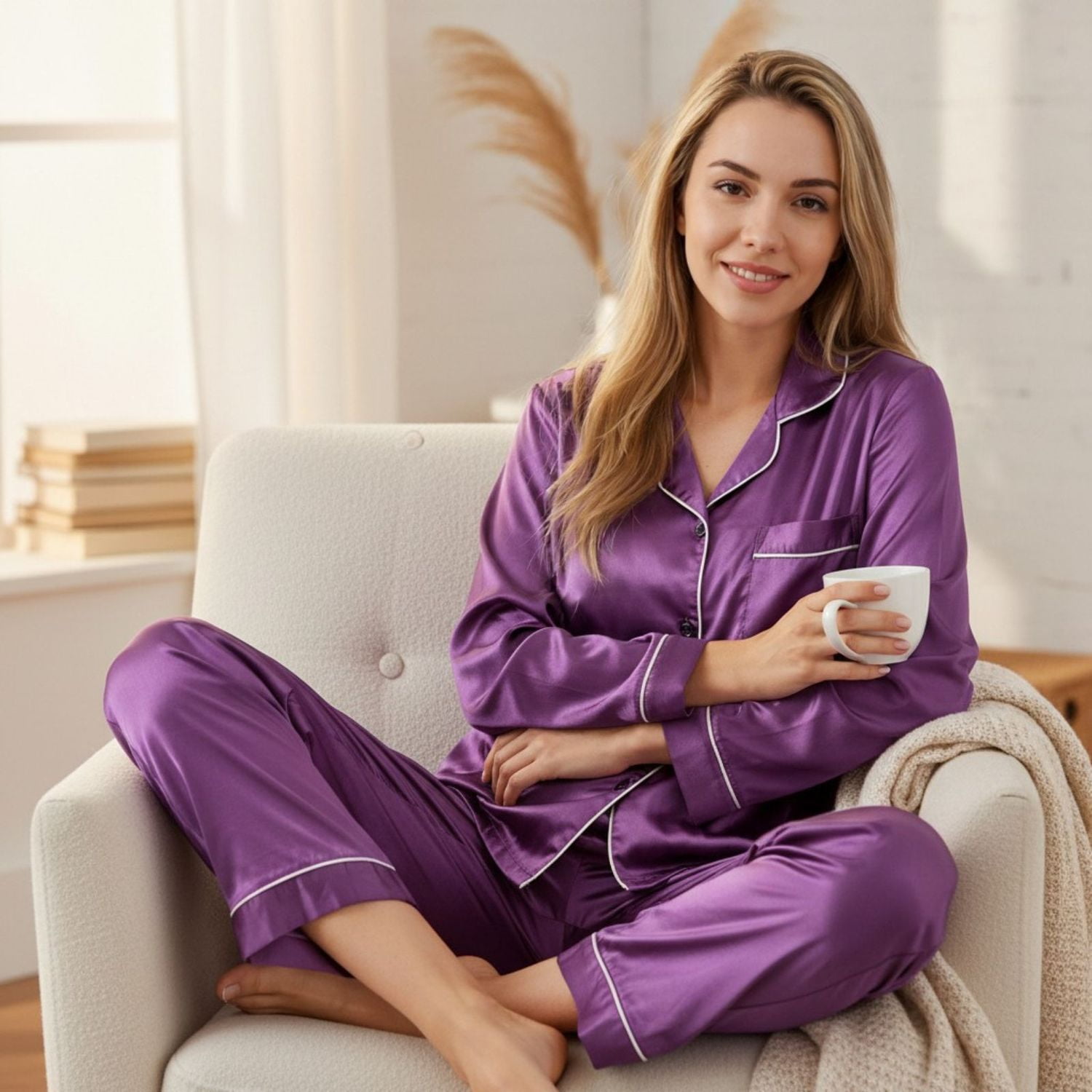 Likeshop - Pijama Mujer Satinado 2 Piezas Manga Larga Botones Colores 038