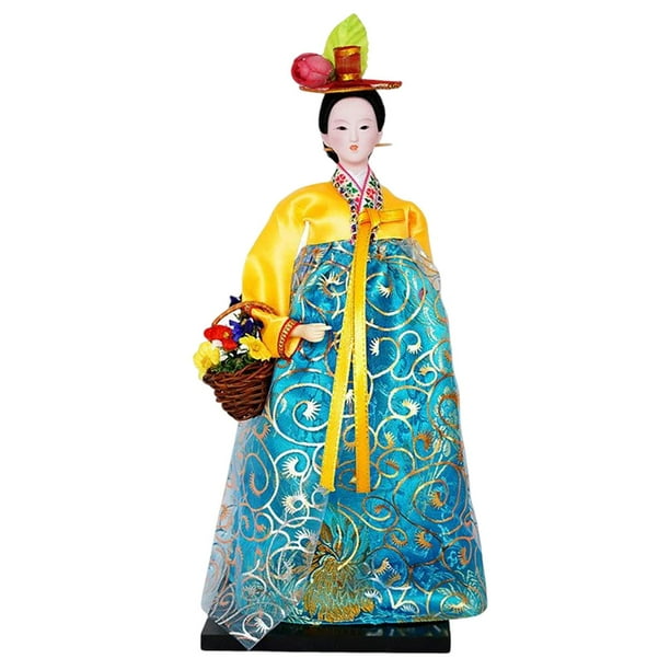 Figura de Geisha Coreana Estatua de Kabuki Adorno de muñeca Oriental Figuras de Dama de 12" Muñeca Hanbok Geisha Coreana Muñecas Hanbok para decoració Amarillo y verde