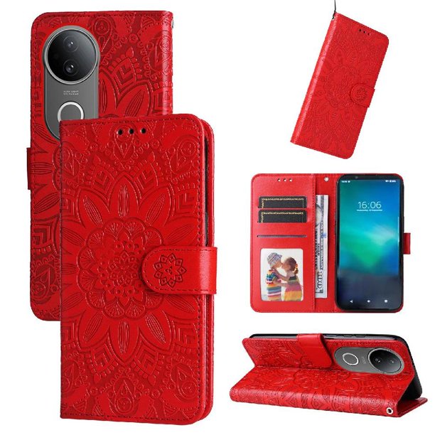 Funda tipo cartera FOXDOCK para Vivo S20 , diseño girasol en relieve, cuero PU, cierre magnético, soporte y tarjetero