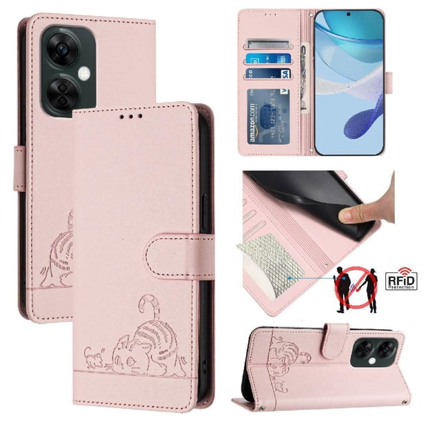 Funda tipo cartera FOXDOCK para OnePlus Nord CE 3 Lite 5G con soporte, ranuras, RFID, diseño de gato