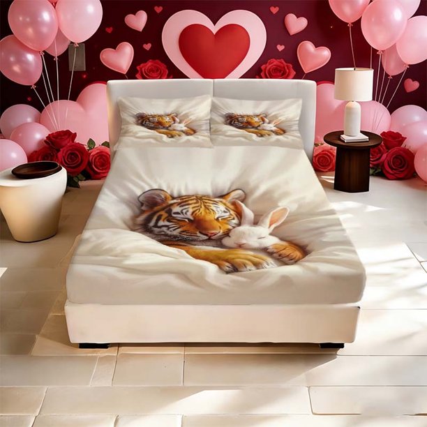 Tiger And Rabbit Intimate Scene Print Fitted Sheet Theme Fitted Sheet Fitted Sheet Pillowcase Set Soft Comfortable Suitable for Hom