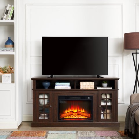 M&Ms - Classic Tv Media Stand Modern Entertainment Console With 23"" Fireplace Insert For Tv Up To 65"" With Open And Closed Storage Space, Espresso, 58.25""W*15.75""D*32""H