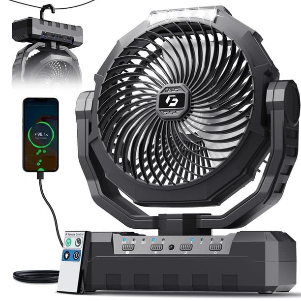 Ventilador para camping FRIZCOL con batería de 48.000 mAh, luz y control remoto, negro