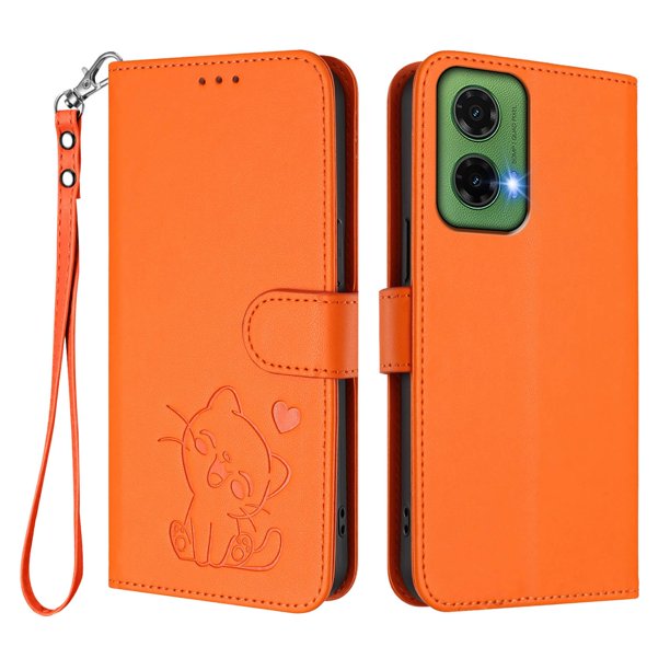 Motorola MOTO G35 5G Funda Billetera con Estampado de Gato, Naranja
