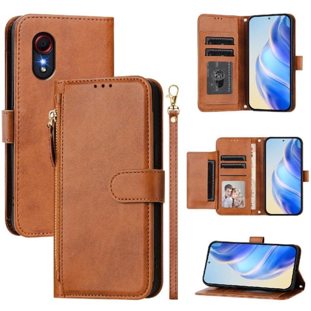 Funda Billetera Cremallera para Samsung Galaxy Xcover 5 con Porta Tarjetas, Soporte y Correa Marrón