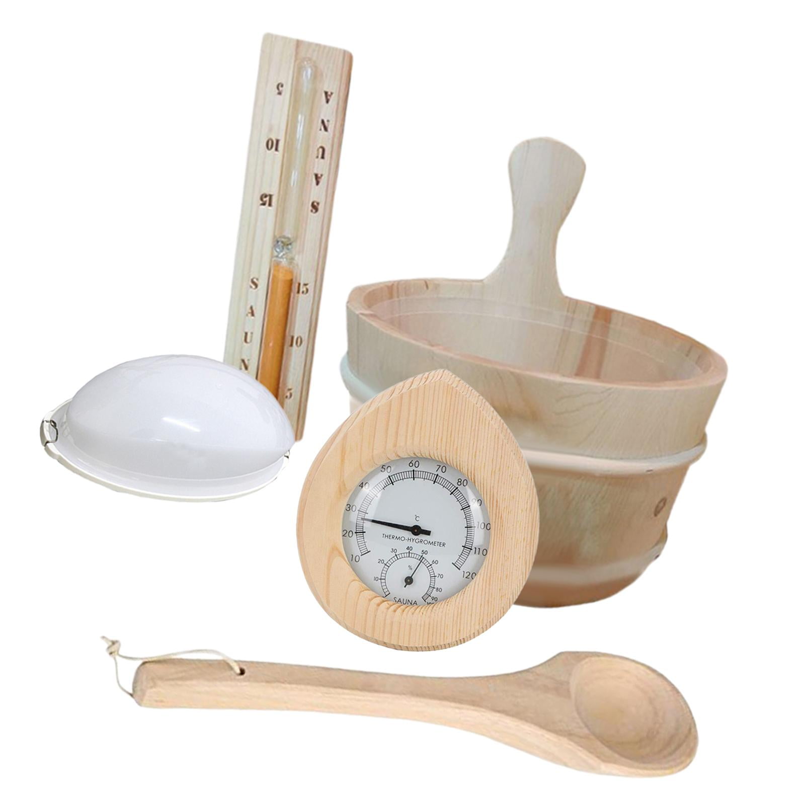 Magideal - Juego De Accesorios Para Sauna, Cubo Y Cucharón De Madera, Lámpara Con Temporizador De Arena, Medidor De Temperatura Y Humedad Para Ducha, Baño De Spa