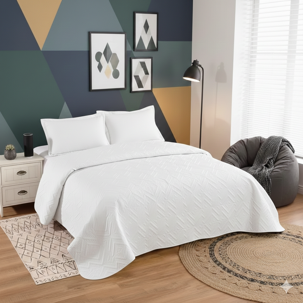 Genérico - Cubrecama Quilt 1.5 Plaza Blanco Liso Texturizado Royal Slero + 2 Fundas