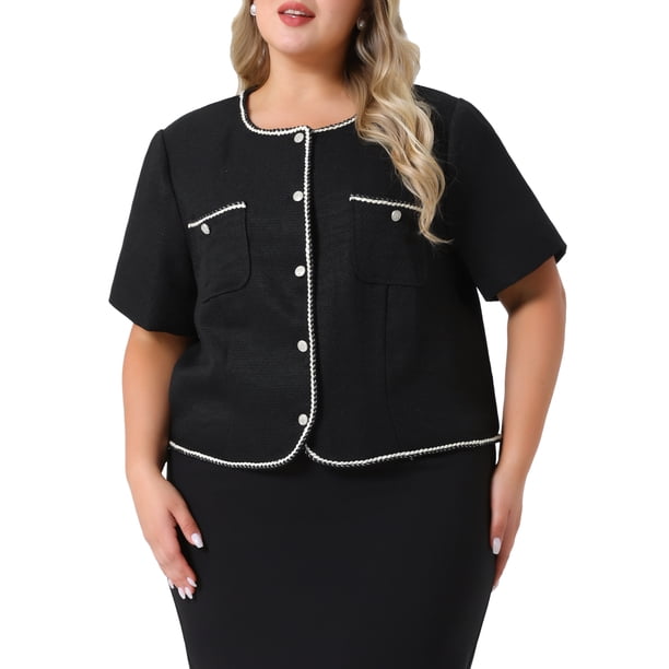 Agnes Orinda Chaqueta de Tweed para Mujer de Talla Grande para Escuela y Universidad, Blazer Corto de Manga Corta Casual de Negocios con Bolsillo 4X Negro