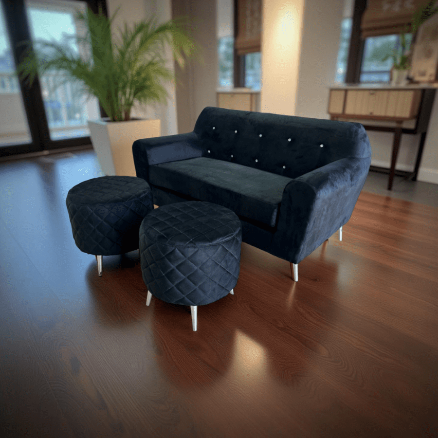 Muebles New - Sofa Dos Cuerpos Mas Dos Puff Negro Felpa