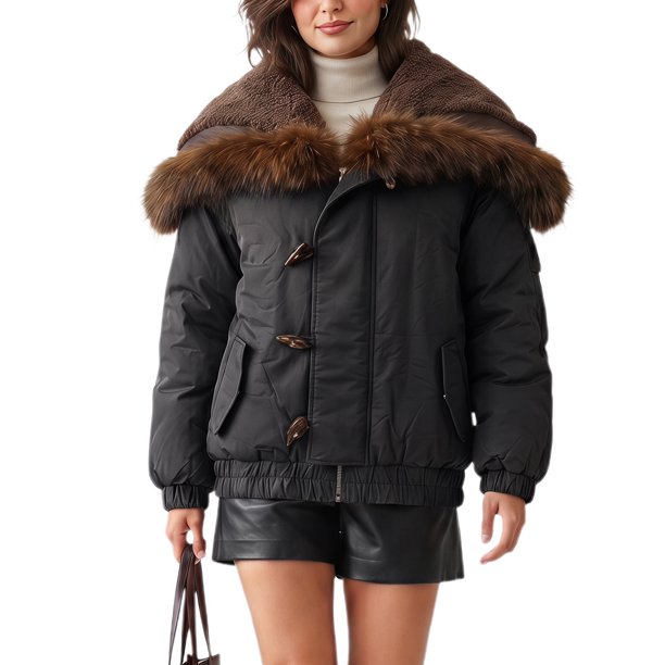 INSPIRE CHIC Chaqueta Recortada de Mujer con Ribete de Piel Sintética, Estilo Oversized, Forrada de Forro Polar, Ajustable, Grande, Negra