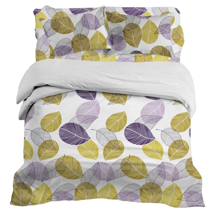 Doral - Plumón Sherpa + Sábana Microfibra 1.5 Plazas Blanco Hojas Azul Amarillo