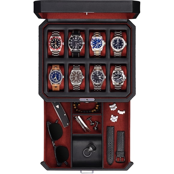 Caja de Relojes ROTHWELL de 8 Compartimentos Cuero Negro/Rojo