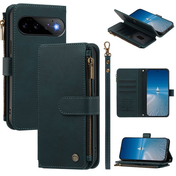 Funda Cartera Google Pixel 11 con Cremallera, Verde
