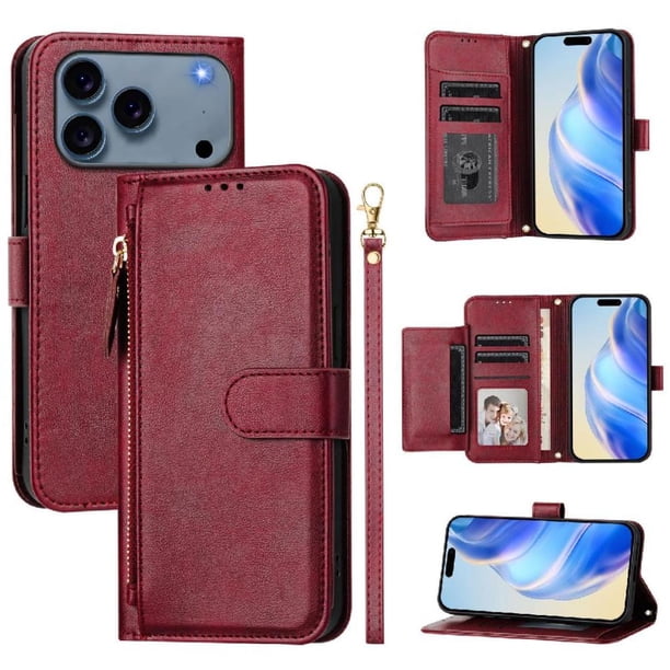 Funda Billetera Cremallera para iPhone 17 Pro Max con Porta Tarjetas, Soporte y Correa Rojo