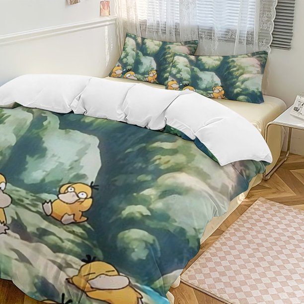 Psyduck Bed Duvet Cover Funny Anime Cartoon Bedding Sets Lightweight 3 Piece Comforter Sets