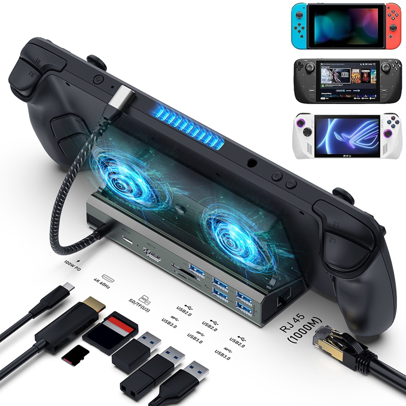 Genérico - Estación De Acoplamiento Para Steam Deck Con 2 Ventiladores, Interfaz Multimedia Hd 4k A 60hz, Usb 3.0/2.0, Rj45 Gigabit, Compatible Con Asus Rog Ally/switch, Con Puerto De Carga Pd De 100w