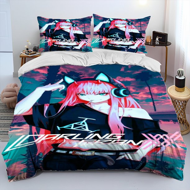 Zero Two DARLING In The FRANXX Anime Comforter Bedding Set,Duvet Cover Bed Set Quilt Cover Pillowcase,Queen Size Bedding Set Kid Bed Sheets