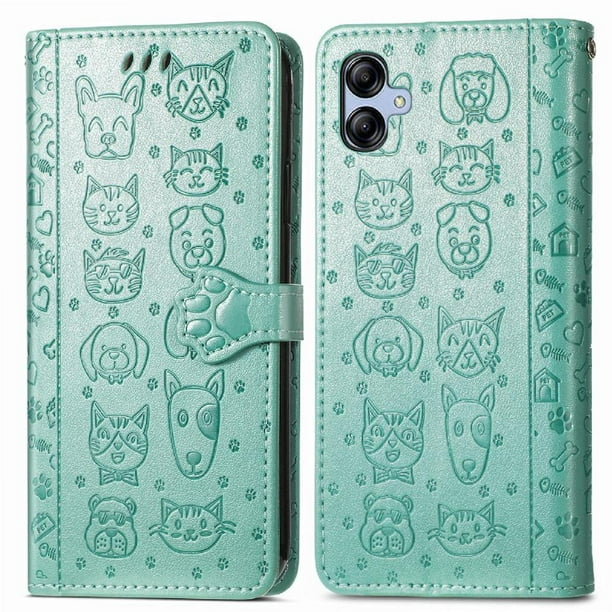 Funda Cartera FOXDOCK para Samsung Galaxy A04E , Flip PU con Relieve de Gatos y Perros, Tarjetero y Soporte