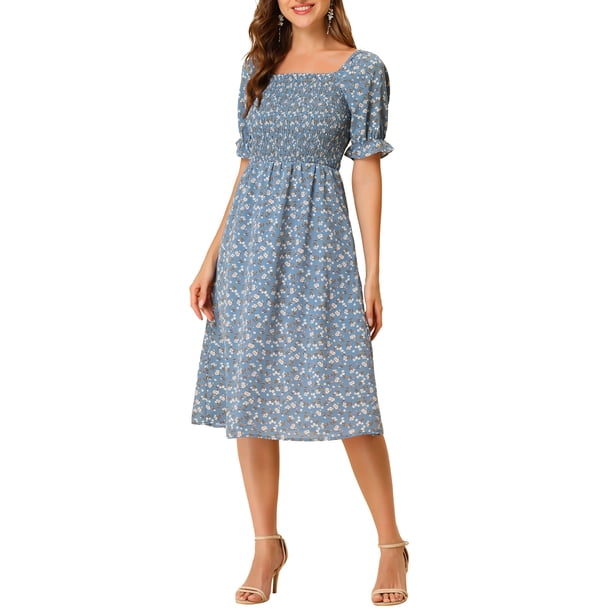 INSPIRE CHIC Vestido de Mujer con Nido de Abeja Floral Cuello Cuadrado Mangas Cortas Abullonadas Vestidos Midi de Primavera Verano Azul Polvoriento L