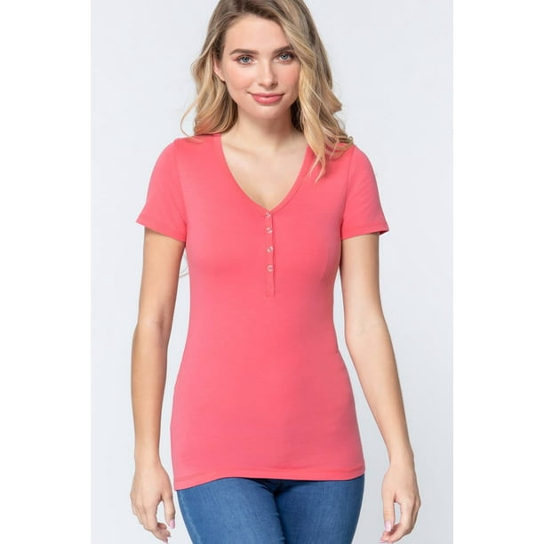 Saronite Camiseta Básica de Punto Henley de Manga Corta con Cuello en V, Color Rosa (para Mujer)
