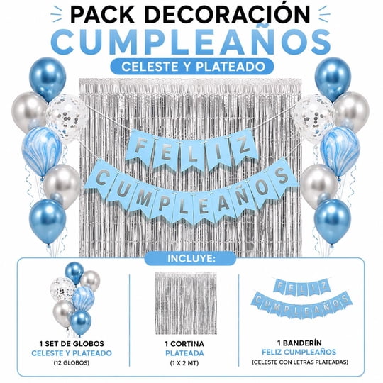 Genérico - Pack Decoracion Cotillon Celeste -plateado