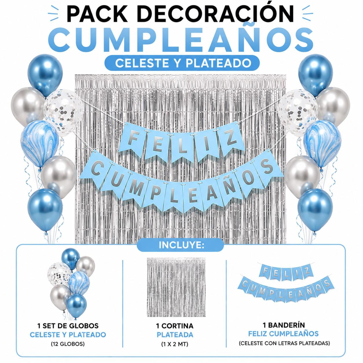 Genérico - Pack Decoracion Cotillon Celeste -plateado