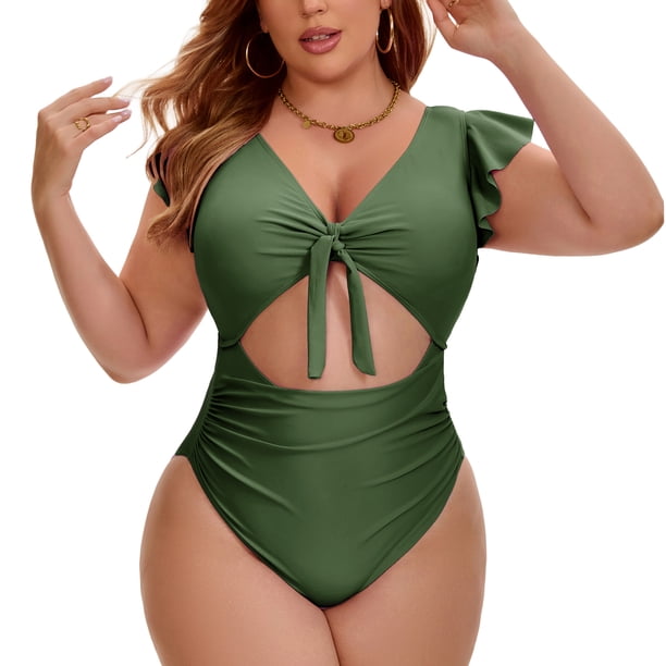 Agnes Orinda Traje de baño de una pieza para mujer de talla grande, estilo escolar, mangas cortas, recortes, volantes, lazo al frente, ideal para la playa, 4X, verde militar