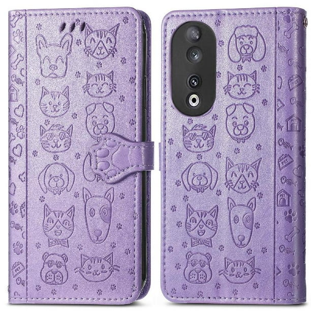 Funda Cartera FOXDOCK para Honor 90 5G , Flip PU con Relieve de Gatos y Perros, Tarjetero y Soporte