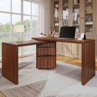 M&Ms - 90"" Modern L Shaped Desk In Walnut With 3 Drawers,360° Wood Rotating Desk,Executive Office Desk,Corner Desk,Office Study Workstation,For Home Office Or Living Room
