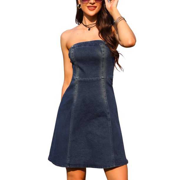 INSPIRE CHIC Vestido de Mezclilla sin Tirantes y sin Mangas para Mujer Vestido Mini de Regreso a Clases M Azul Vintage