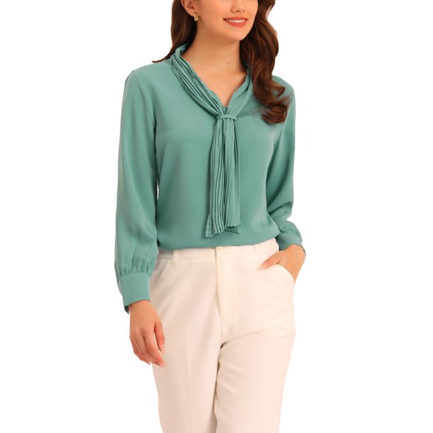 INSPIRE CHIC Blusas de Mujer de Manga Larga Chiffon Plisado con Lazo en el Cuello Camisa de Oficina L Azul Menta