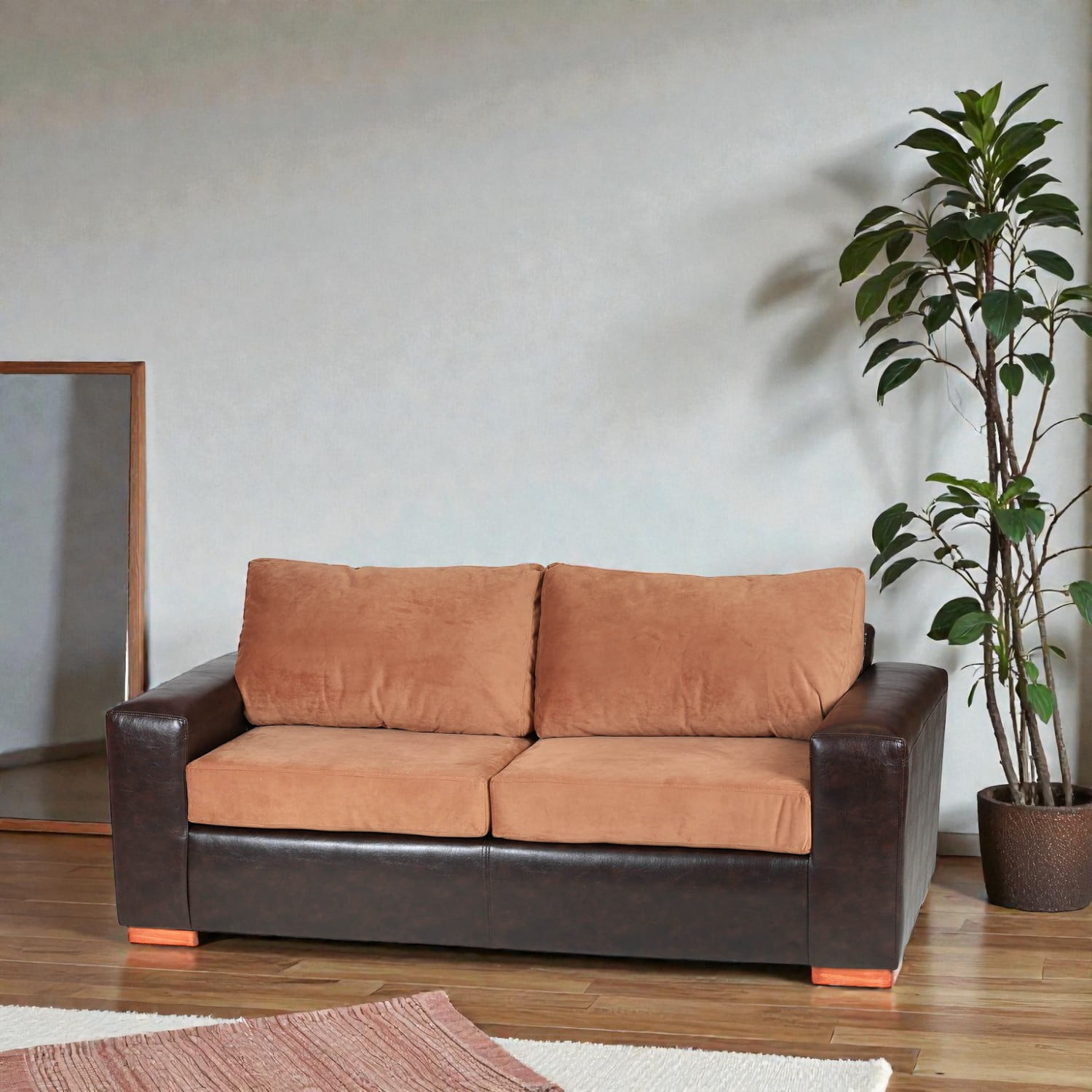 Muebles Altiro - Sofá Elam 3 Cuerpos - Cuero Sintético Café Moro Y Tela Felpa Tostado