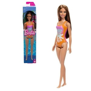 Muñeca Barbie Playa Traje De Baño Naranja Flores Tropicales