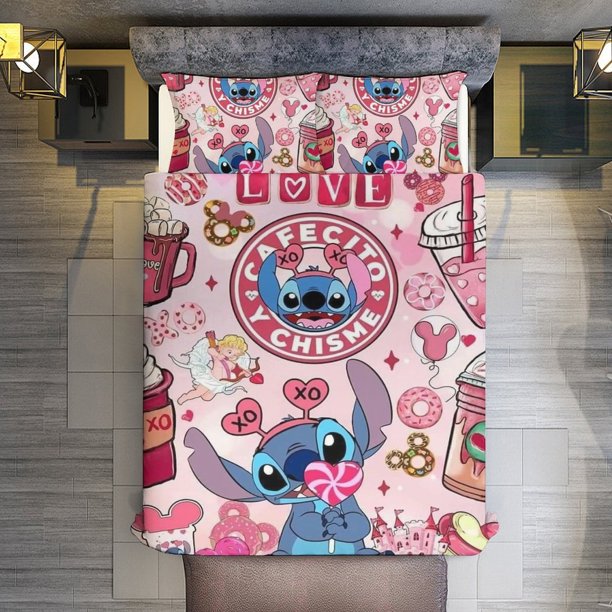 Lilo & Stitch 3 Piece Sets Full/Queen Size - Reversible Microfiber Quilts with Shams Soft Lightweight Bedspread Coverlet Comforter for All Season Bed Sheets