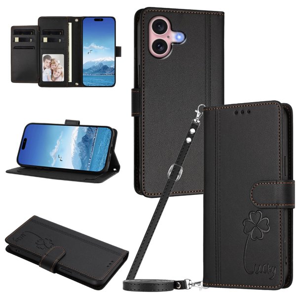 Funda Cartera Trébol para iPhone 16 con Ranuras Tarjetas y Carga Inalámbrica Negro