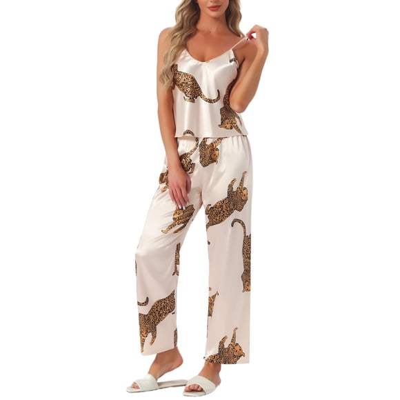 Conjunto de Pijama de Satén con Estampado de Leopardo para Mujer de INSPIRE CHIC, Cami Suave con Escote en V y Pantalones de Cintura Elástica para Descanso, 2 Piezas, L Champán