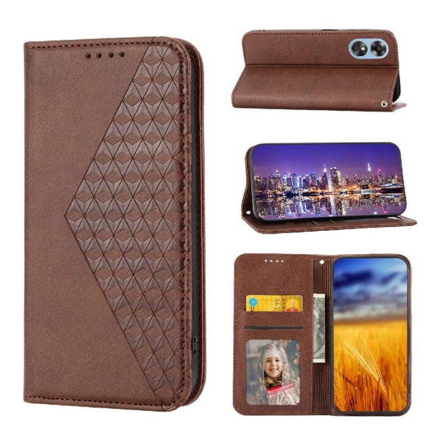 Funda Flip FOXDOCK para OPPO A17 4G , Estilo Billetera con Diseño Rombo, Correa de Mano y Soporte, Uso Diario