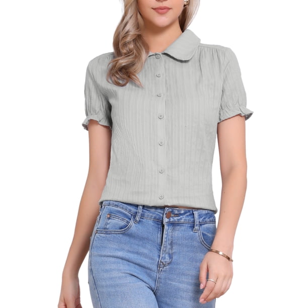 INSPIRE CHIC Blusas Vintage para Mujer con Cuello Peter Pan y Botones de Algodón Gris Claro XS