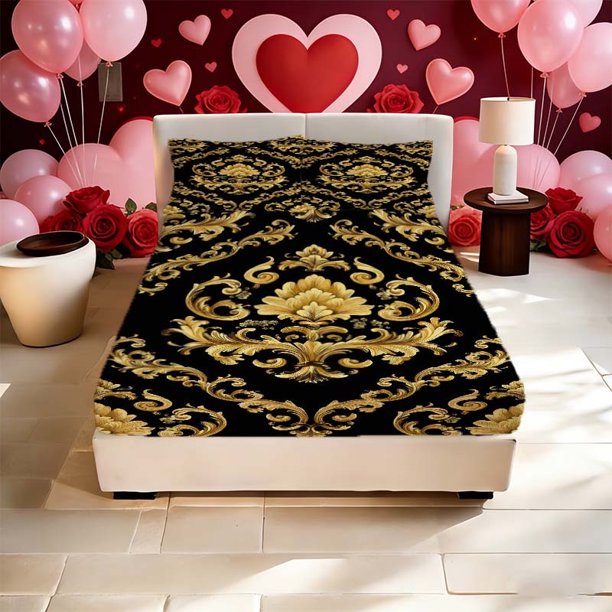 Black and Golden Baroque Print Fitted Sheet Set a Must-have for Home and Guest Rooms with Deep Pockets to Ensure Stability and Prevent Shifting It's the Perfect