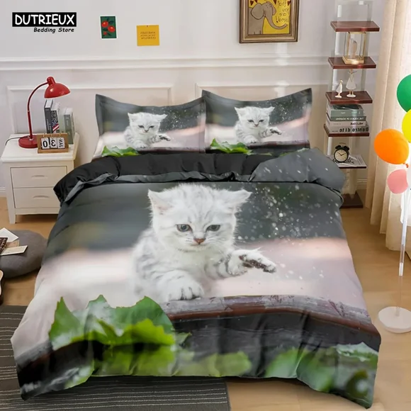 Cute Baby Cat Bedding Set White Black Kitten Bed Linen Double Duvet Cover Kids Girls Dogs Room Decor Bed Sheets
