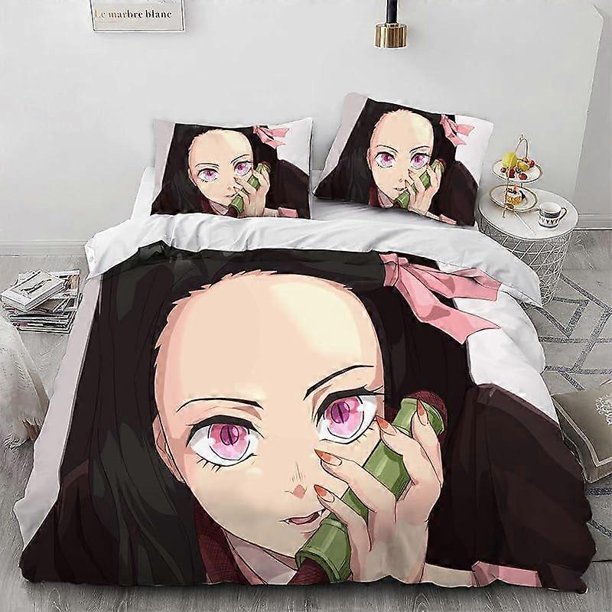 Dem-on- Kill-er Ne-Zuko An-ime Girl Duvet Cover- Set, % -Microf-iber Bedding- Se, 3 Pieces- Ultra S-oft Skin-Friendly -Comforter -Cover Se-