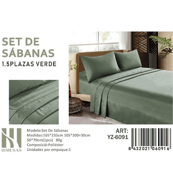 Set De Sabanas 1.5 Plazas 150 Hilos 1 Funda De Almohada Color Verde