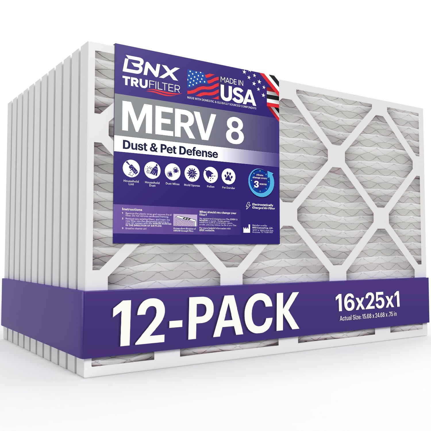 Filtro De Aire Bnx Trufilter 16x25x1 Merv 8 Para Aire Acondicionado