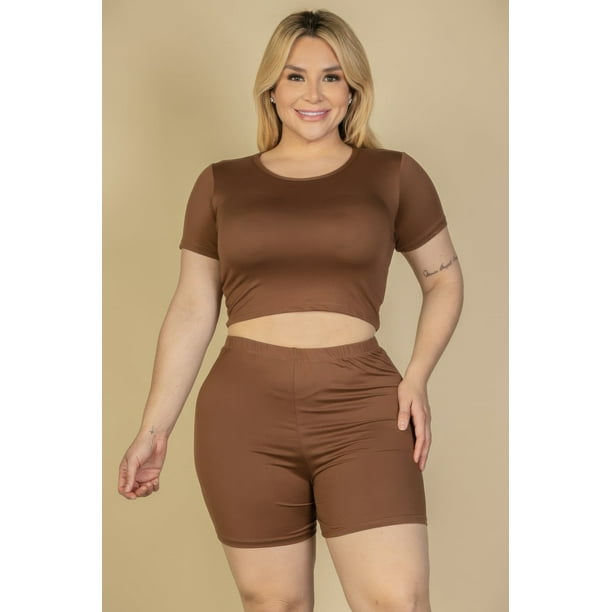 Conjunto de Top Corto y Shorts de Manga Corta de Talla Grande