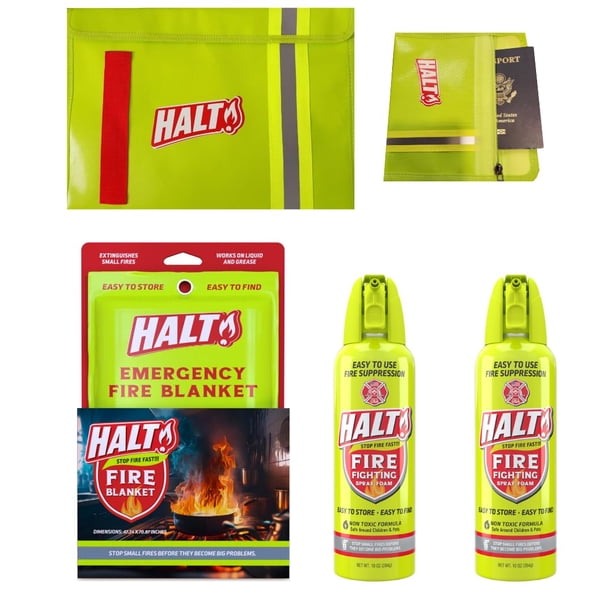 Kit de defensa contra incendios HALT! 2 aerosoles de espuma de 284 g, manta ignífuga y bolsas