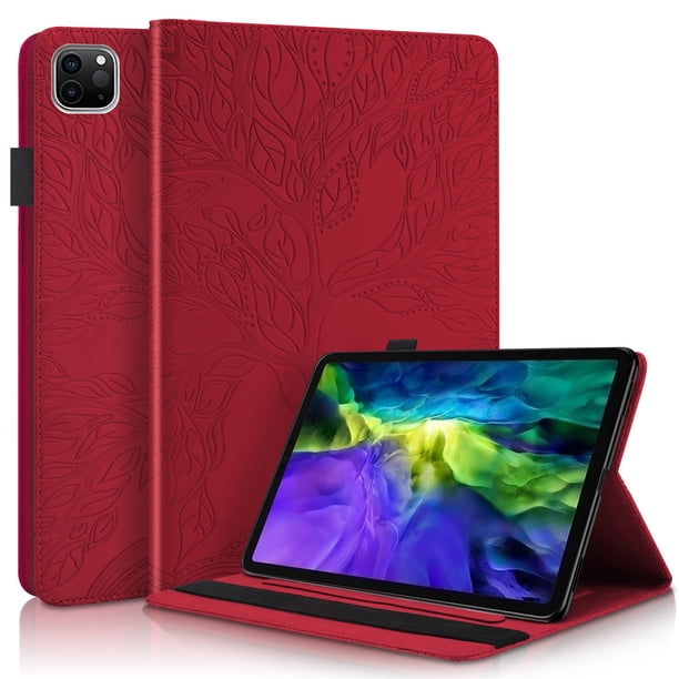 Funda con relieve del Árbol de la Vida para tablet ipad Pro 12.9(2024) con soporte, ranuras para tarjetas y soporte para lápiz óptico. Rojo